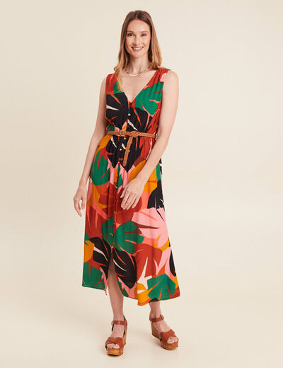 Robe midi évasée ceinturée multicolore femme