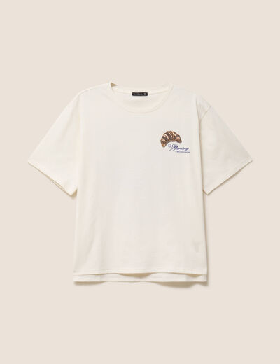 T-shirt avec print et broderie sequins ecru femme