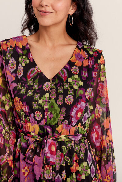 Robe longue évasée col en V noir femme