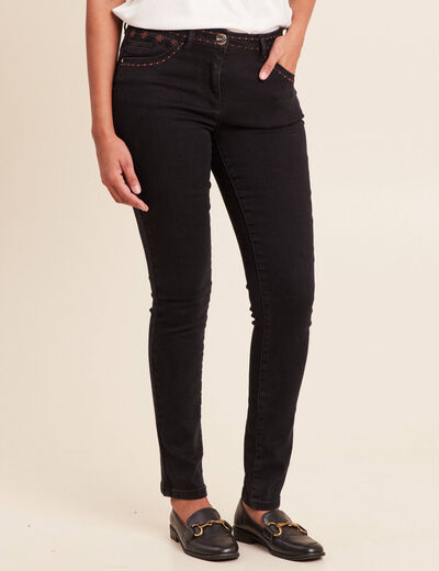 Jean coupe ajust&eacute;e avec broderie noir femme