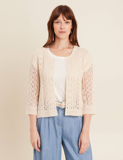 Gilet manches 3/4 ajour&eacute; ecru femme