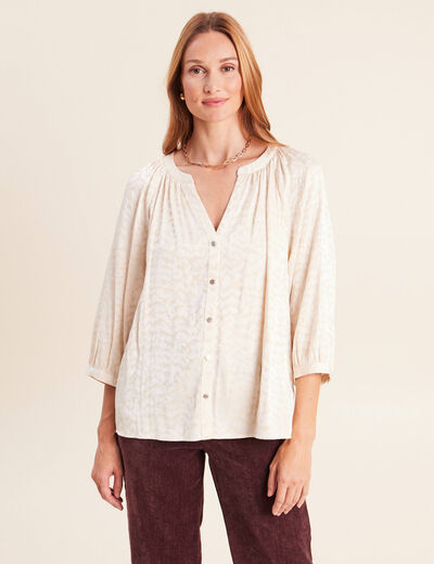 Chemise ample jacquard col v manches 3/4 blanc femme