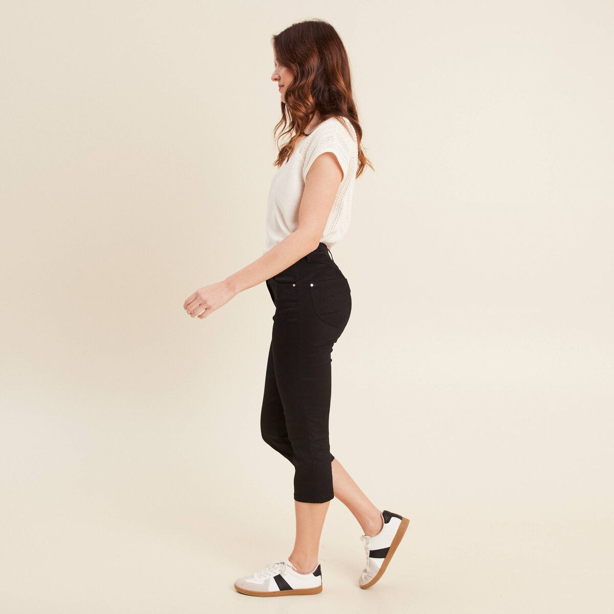 Pantacourt droit taille standard noir femme