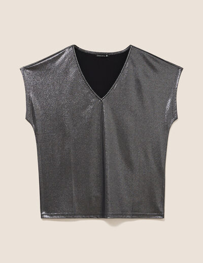 T-shirt col V manches courtes noir femme