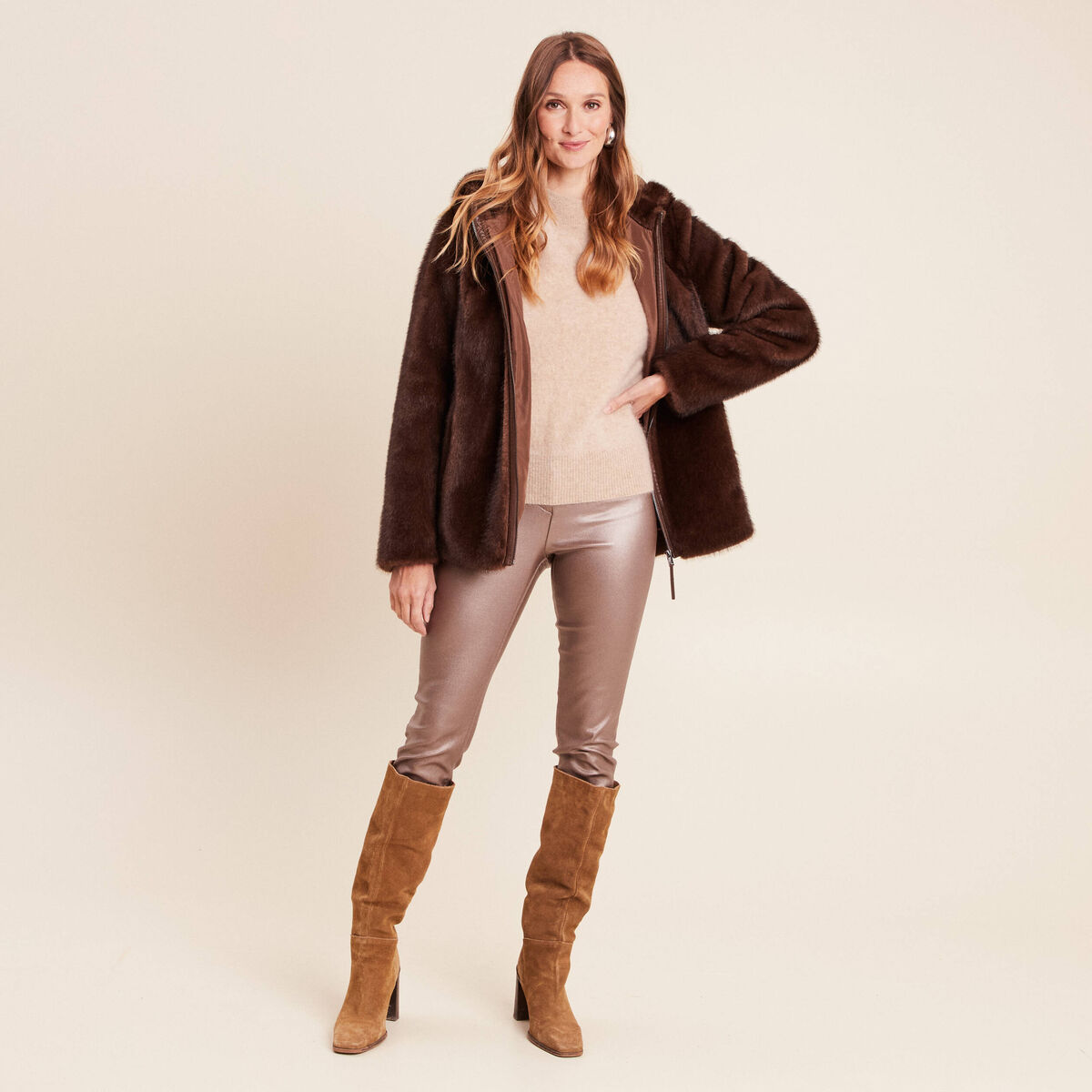 Pull cachemire col montant sable femme