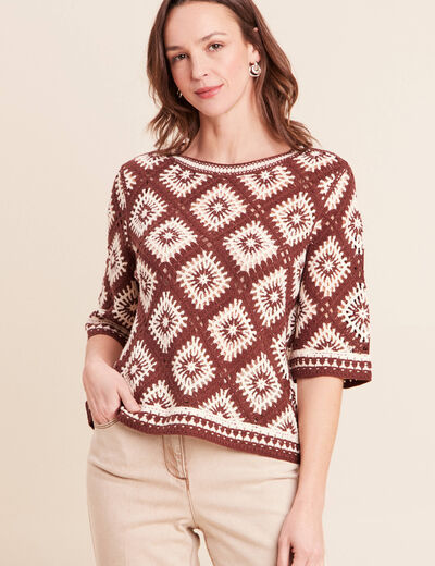 Pull en crochet col rond manches courtes marron femme