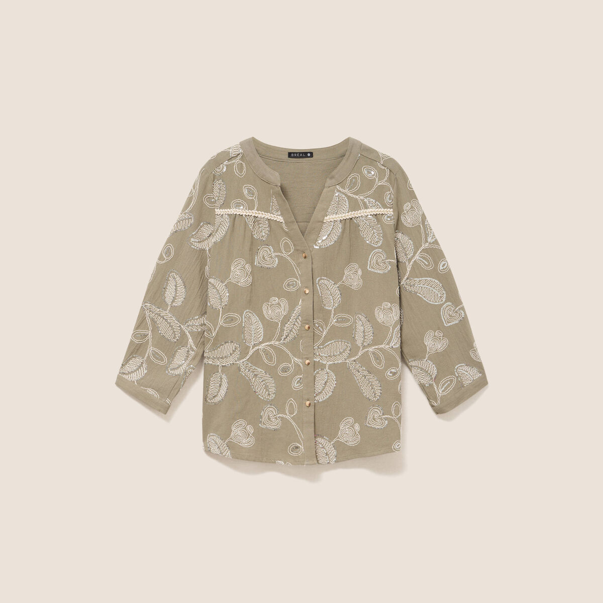 Blouse col tunisien manches 3/4 vert femme