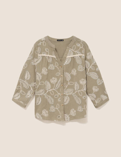 Blouse col tunisien manches 3/4 vert femme