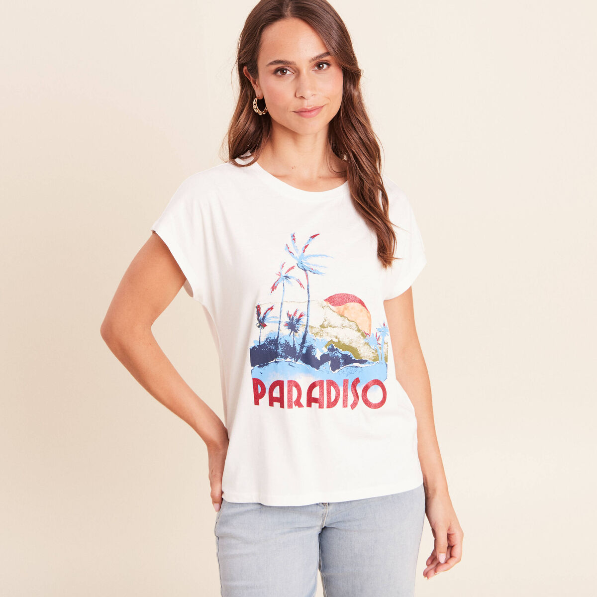T-shirt col rond manches courtes ecru femme