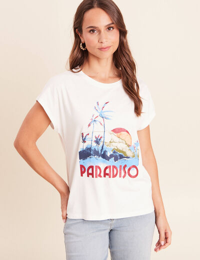 T-shirt col rond manches courtes ecru femme