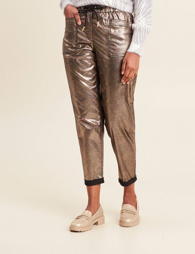 Pantalon paperbag enduit gris femme
