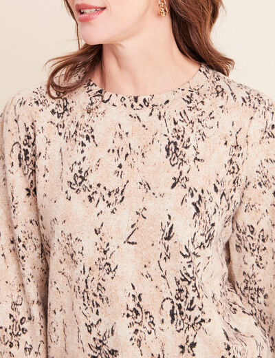 T-shirt court col rond manches longues beige femme