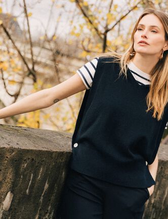 Pull sans manches à capuche bleu foncé femme