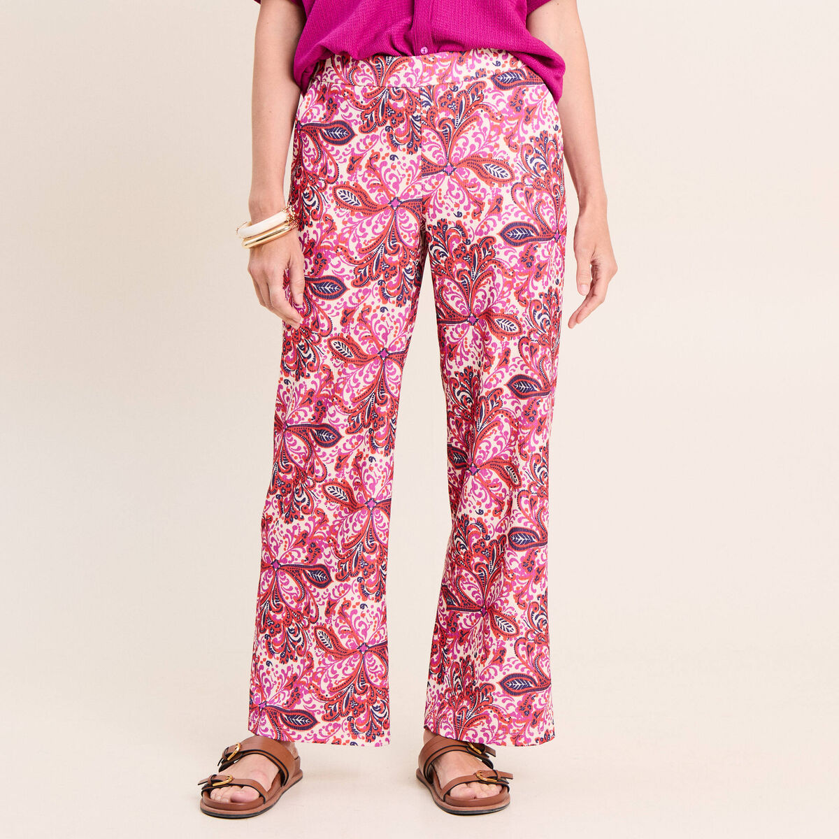 Pantalon large taille haute rose corail femme