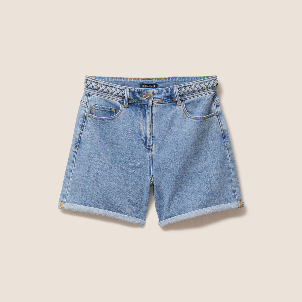 Short large taille haute en jean denim double stone femme