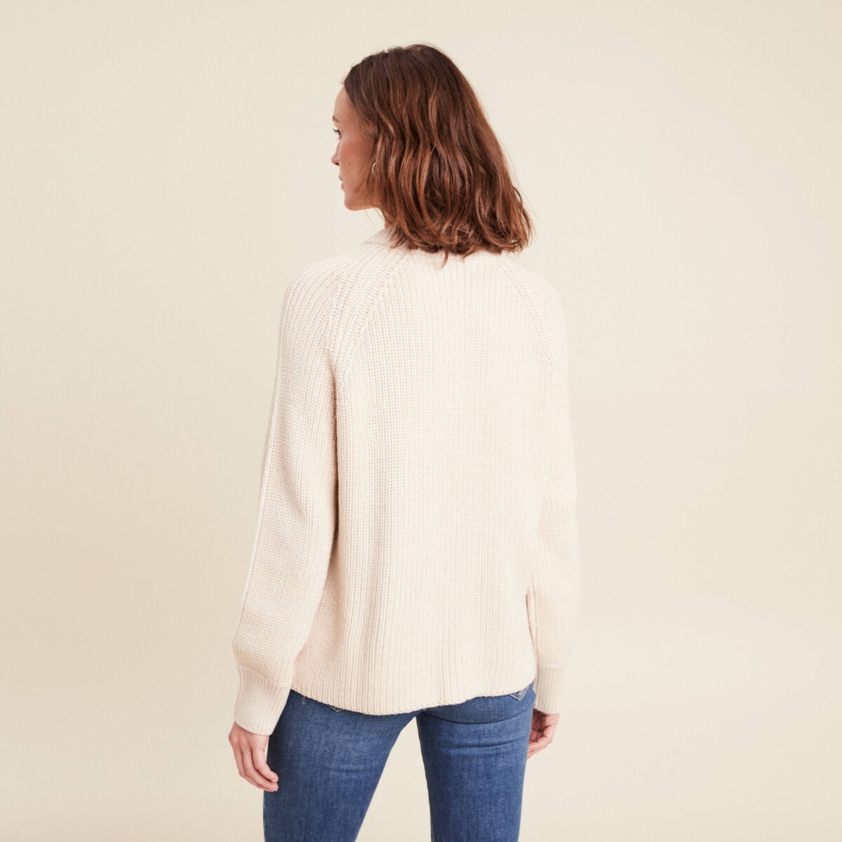 Gilet droit mi-long col rond creme femme