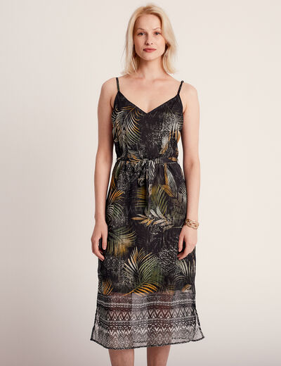 Robe longue droite ceinturée noir femme