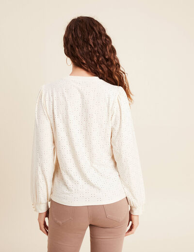 Top dentelle col rond manches longues ecru femme