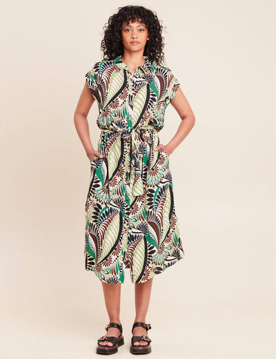 Robe fluide col chemise manches courtes vert femme