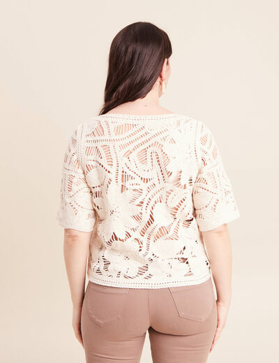 Pull col v manches courtes dentelle ecru femme