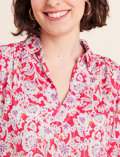 Blouse ample col chemise manches 3/4 rose femme