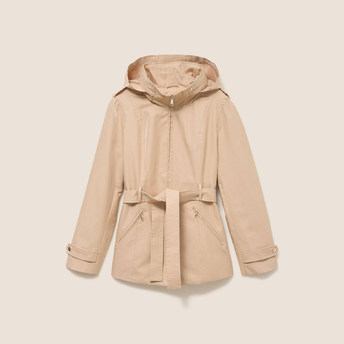 Parka droite ceintur&eacute;e beige femme