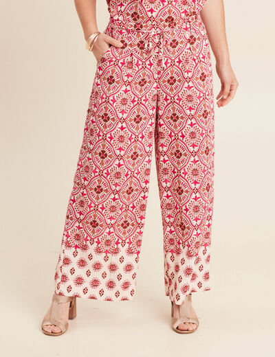 Pantalon large taille haute rose femme