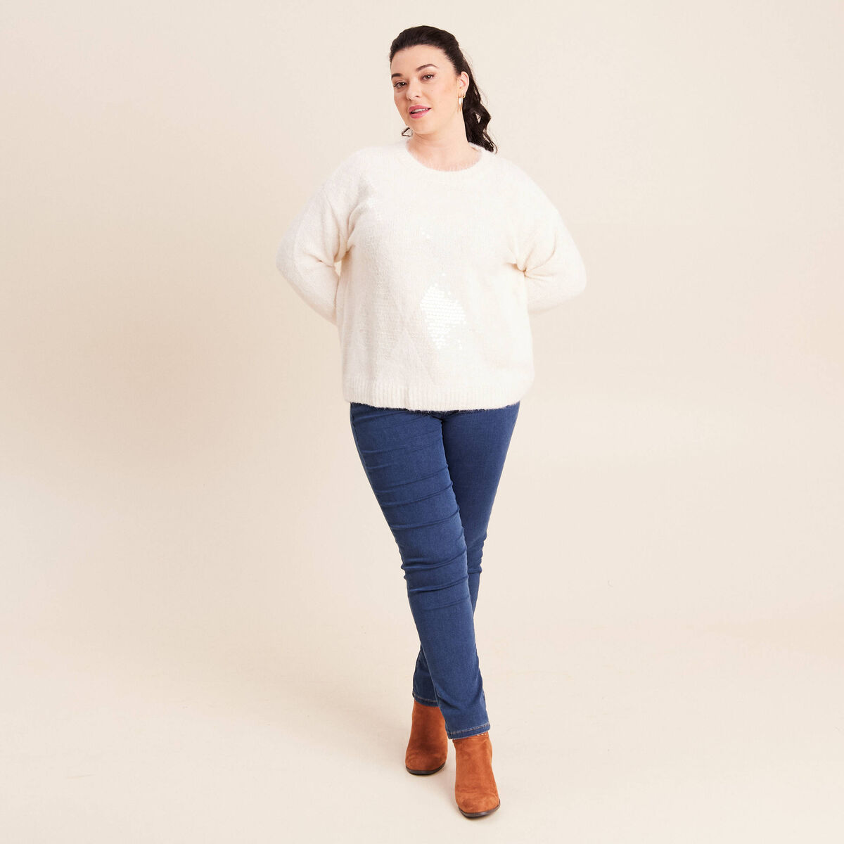 Pull col rond manches longues &agrave; sequins ecru femme