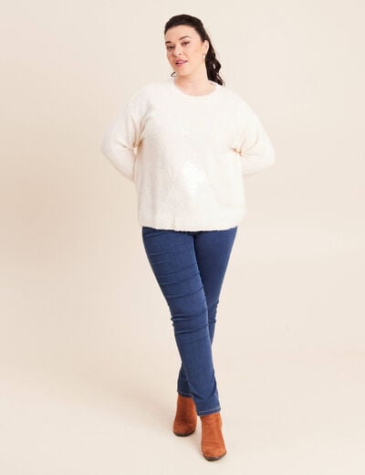 Pull col rond manches longues &agrave; sequins ecru femme