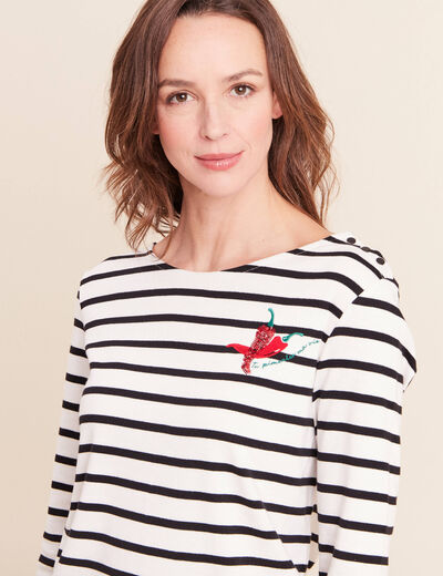 T-shirt marini&egrave;re avec broderie sequins noir femme