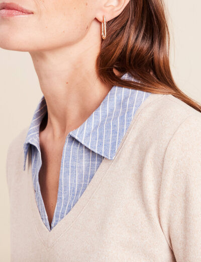 T-shirt effet 2 en 1 col chemise creme femme
