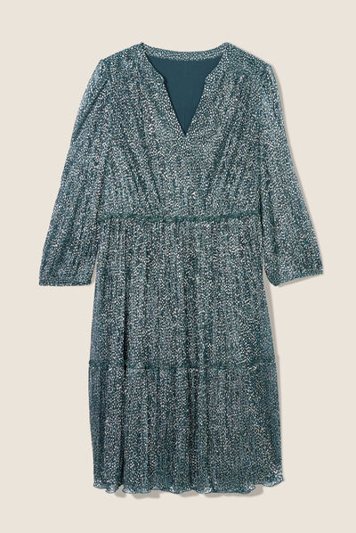 Robe évasée plissée vert foncé femme