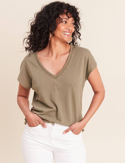 T-shirt col v manches courtes aspect lin vert kaki femme