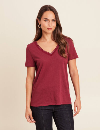 T-shirt manches courtes col en V bordeaux femme