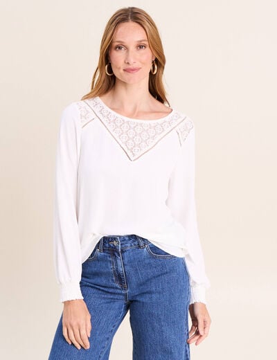 Blouse droite manches longues dentelle ecru femme