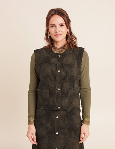 Veste sans manches aspect daim doubl&eacute;e vert kaki femme