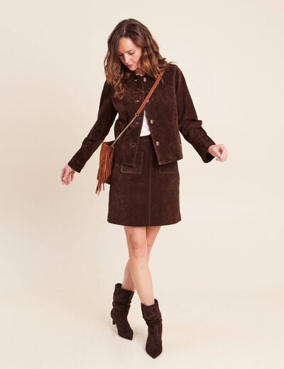 Jupe trap&egrave;ze courte en similicuir marron fonc&eacute; femme