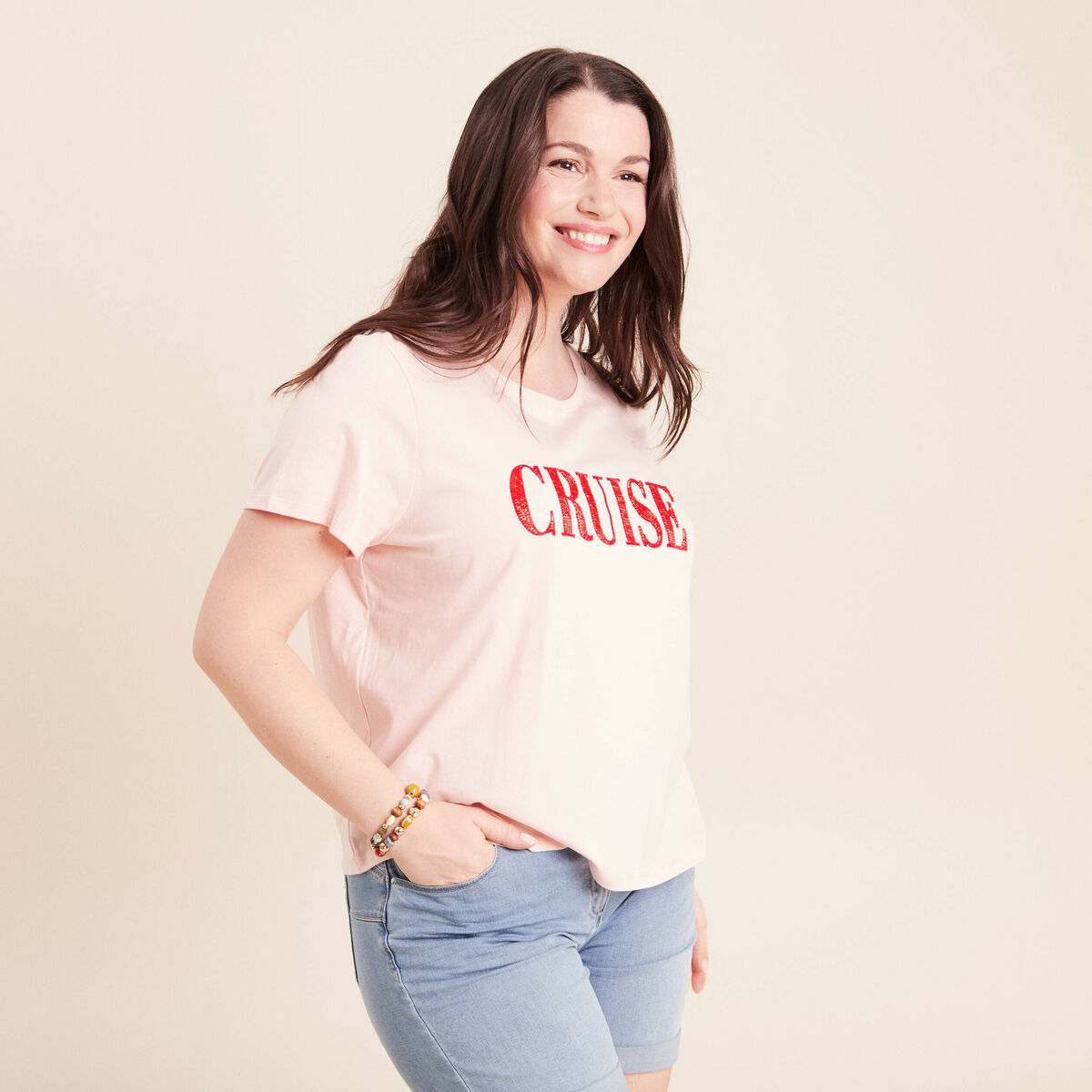 T-shirt col rond manches courtes rose poudr&eacute;e femme
