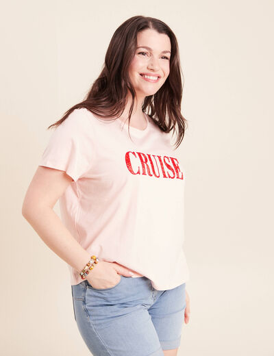 T-shirt col rond manches courtes rose poudr&eacute;e femme