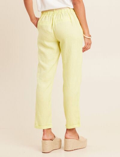 Pantalon coupe chino en lin ceintur&eacute; jaune clair femme
