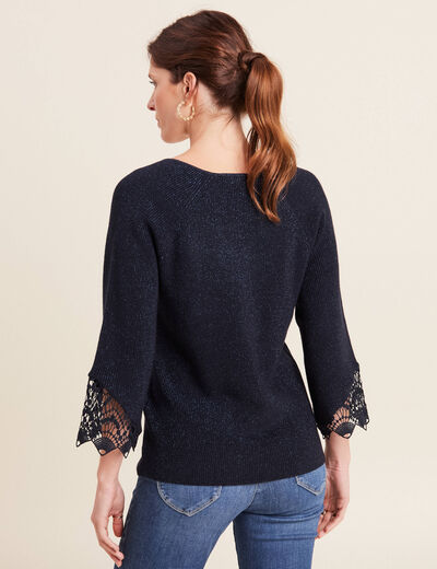 Pull manches 3/4 macramé bleu foncé femme
