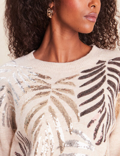 Pull col rond &agrave; sequins couleur or femme