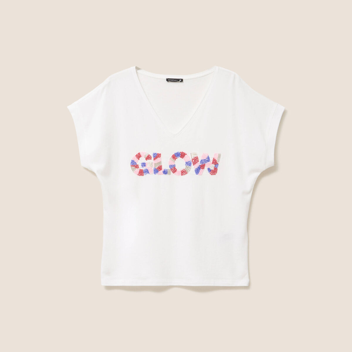 T-shirt col v manches courtes ecru femme
