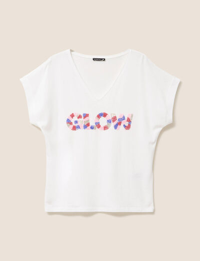 T-shirt col v manches courtes ecru femme
