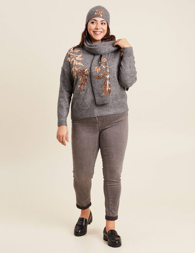 Pull manches longues sequins gris foncé femme