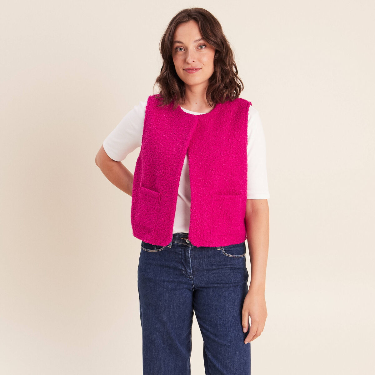 Gilet sans manches bouclette poches rose fushia femme
