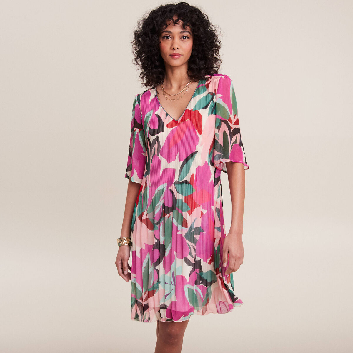 Robe évasée plissée multicolore femme