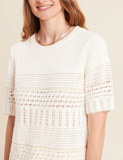 Pull ajouré manches courtes ecru femme