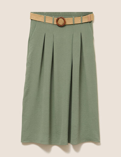 Jupe longue évasée ceinturée vert kaki femme