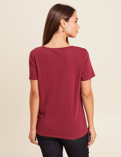 T-shirt manches courtes col en V bordeaux femme